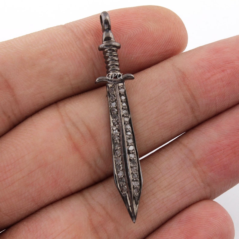 1 Piece Pave Diamond Sword Charm Pendant,925 Sterling Silver Single Bail Pendant 46mmx8mm DPC135