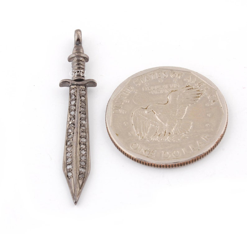 1 Piece Pave Diamond Sword Charm Pendant,925 Sterling Silver Single Bail Pendant 46mmx8mm DPC135