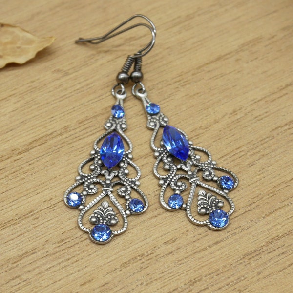 Boucles d'oreilles filigrane argent vieilli et cristal Européen Haute Qualité