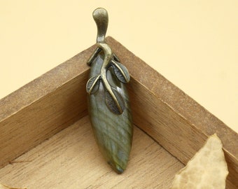 Labradorite necklace pendant, bronze leaf pendant