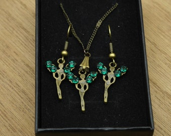 Necklace and Earrings set Bronze Fairies and Swarovski Crystal