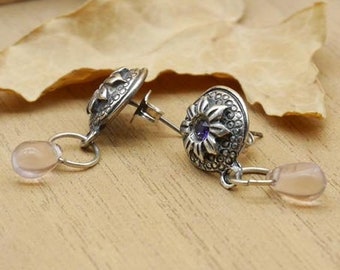 Celtic stud earrings with an amethyst crystal of Swarovski