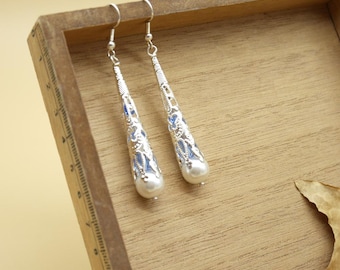 Long dangle blue earrings