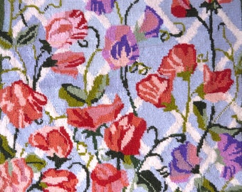 Completed sweet peas needlepoint by Joanna Allen for Primavera, unframed, 12.5 x 13" / 32 x 33 cm.