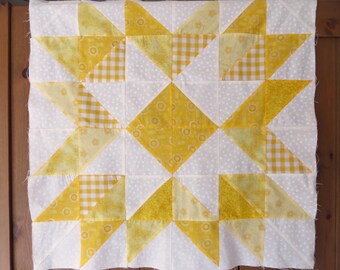 Small unfinshed patchwork piece in yellow and white 24.5" / 63 cm square.