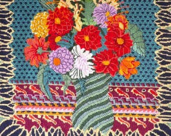 Large completed needlepoint tapestry of Dahlias by Rowan, 18.5 x 19" / 47 x 49 cm.