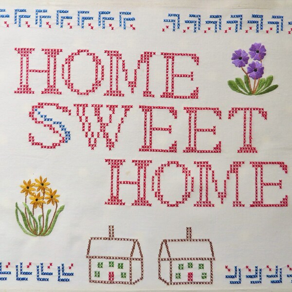 Vintage cross stitch sampler, Home Sweet Home, 11.5 x 15"