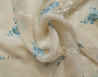 Vintage embroidered sheer rayon fabric, 1950's unused remnant, 35 x 105".