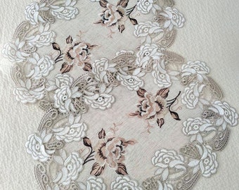 2 Doilies Set Embroidered Rose Lace Neutral End Table / Place Mat 17" x 13" Dresser Scarf Floral victorian Farmhouse Beige