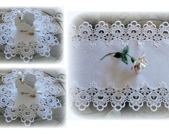 3 Piece Gift Set 54" Lace Dresser Scarf Table Runner Plus TWO 16" White Flower European Doilies  DECADENT WHITE