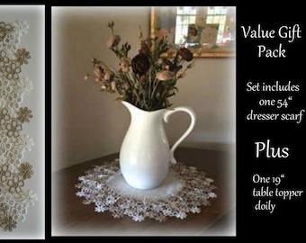 2 Piece Value Gift Set 54" Dresser Scarf Table Runner PLUS one 19" Doily Sophisticated Floral Lace Daisy Neutral tones