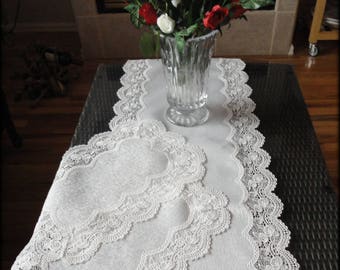 54" x 16" Rose Lace Dresser Scarf PLUS Two Place mats Doilies Retangular (19" x 13)