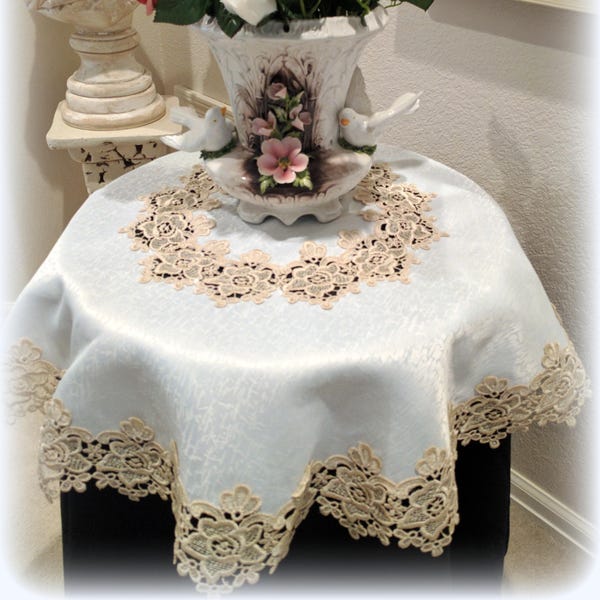 34" Round Soft Gold Rose Lace Doily Table Topper Tablecloth Scarf Vintage Victorian