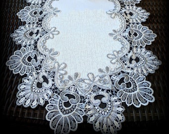 Gray Silver Lace Table Runner, Antique White Oval Doily (35x16)