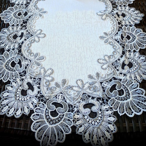Large Navy Blue & White Lace Placemat / Table Runner - 14"x27" Polyester Dresser Scarf, European Style Centerpiece