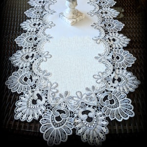 Gray Silver Lace Table Runner, Antique White Oval Doily (35x16)