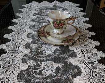 54"  Antique Rose Sheer Dresser Scarf Table Runner Doily Ivory Victorian Lace