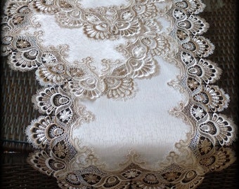 56 Inch Dresser Scarf Table Runner  PLUS 2 Doilies 3 Piece Set Taupe Lace Doilies Light Brown With Creamy White