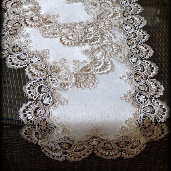 70 Inch Dresser Scarf Table Runner  PLUS 2 Doilies 3 Piece Set Taupe Lace Doilies Light Brown With Creamy White