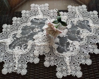 20" x 13" Antique Rose Sheer Place mat or End Table Doily Ivory Victorian Lace Victorian Rectangular Set of Two