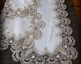 36 Inch Dresser Scarf Table Runner  PLUS 2 Round Doilies 3 Piece Set Taupe Lace Doilies Light Brown With Creamy White