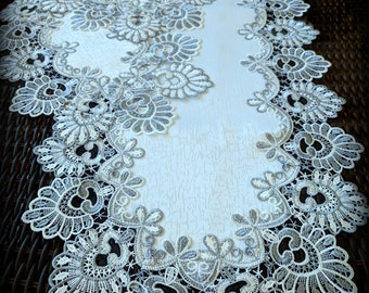 3 PIECE SET Gray Silver Lace Doily  Dresser Scarf 54" Table Runner Antique White Ivory Oval PLUS End Table Doilies