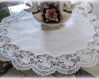 23" Large  Antique White Rose European Lace Doily  Table Topper Vintage Victorian