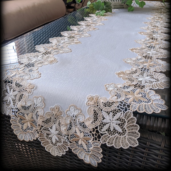 72"x16" Dresser Scarf Lace Table Runner Doily Neutral Beige Tan Antique White Cream