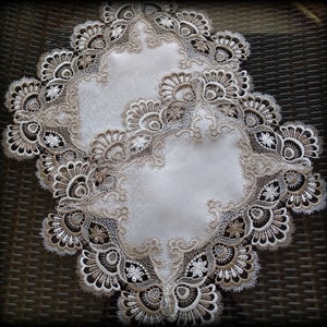 18' x 13 SET of 2 Taupe Lace Doily Dresser Scarf Place Mats Light Brown With Creamy White image 1