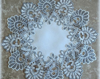 Gray Lace Doilies, Set of Two 16" Round Table Toppers