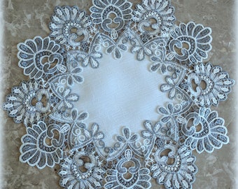 16" SET OF TWO  Gray Silver Lace Table Topper Doilies Dresser Scarf Antique White Ivory Round Doily