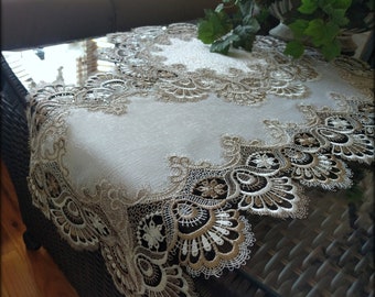 27 Inch Dresser Scarf Table Runner  PLUS 1 Round Doilies 2 Piece Set Taupe Lace Doilies Light Brown With Creamy White