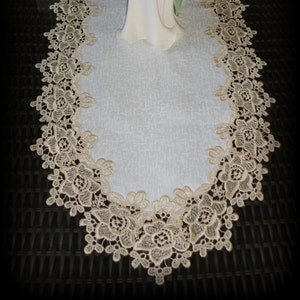 54&quot; Soft Gold Rose Lace Table Runner Dresser Scarf Vintage Antique Victorian