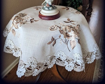 36"  Rose Doily Round Lace Embroidered Table Topper Tablecloth Natural Beige Neutral