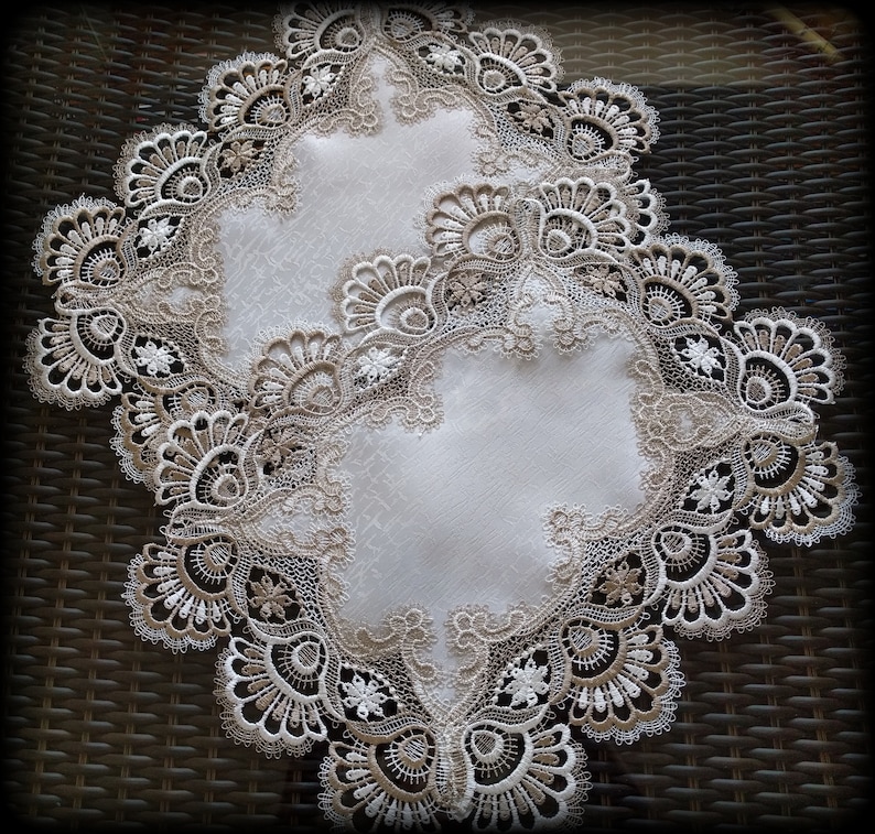 18' x 13 SET of 2 Taupe Lace Doily Dresser Scarf Place Mats Light Brown With Creamy White image 1