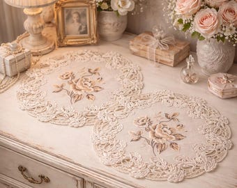 16" Set Of Two Doilies Embroidered Rose Dresser Scarf, End Table Topper Scalloped Edges Doily
