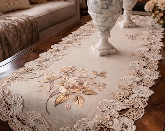 72" Embroidered Rose Lace Table Runner - Neutral Beige Victorian Farmhouse Decor
