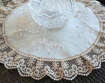24" Large Doily Round Lace Embroidered Table Topper Tablecloth Natural Beige Neutral