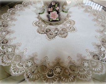 33" Diameter Doily Cocoa Brown with Creamy White Dresser Scarf Round Table Topper Tablecloth