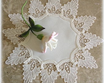 16" Doily SET OF TWO Antique White Dresser Scarf Formal European Lace Round