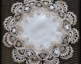 15" Diameter SET OF TWO Doilies Cocoa Brown Lace Creamy Round Table Topper Doily