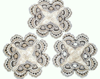 11" SET of 3 Taupe Lace Doilies Round Light Brown With Creamy White