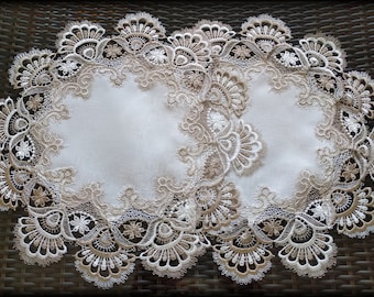 16" SET of 2 Taupe Lace Doilies Round Light Brown With Creamy White