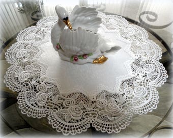 16"  Doilies SET OF TWO Antique White Rose European Lace  Table Topper Vintage Victorian