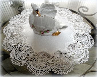 16&quot;  Doilies SET OF TWO Antique White Rose European Lace  Table Topper Vintage Victorian