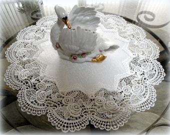 16"  Doilies SET OF TWO Antique White Rose European Lace  Table Topper Vintage Victorian