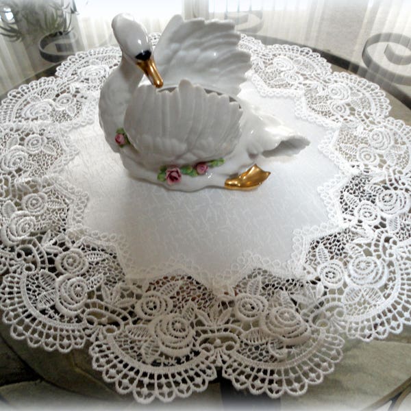 16"  Doilies SET OF TWO Antique White Rose European Lace  Table Topper Vintage Victorian