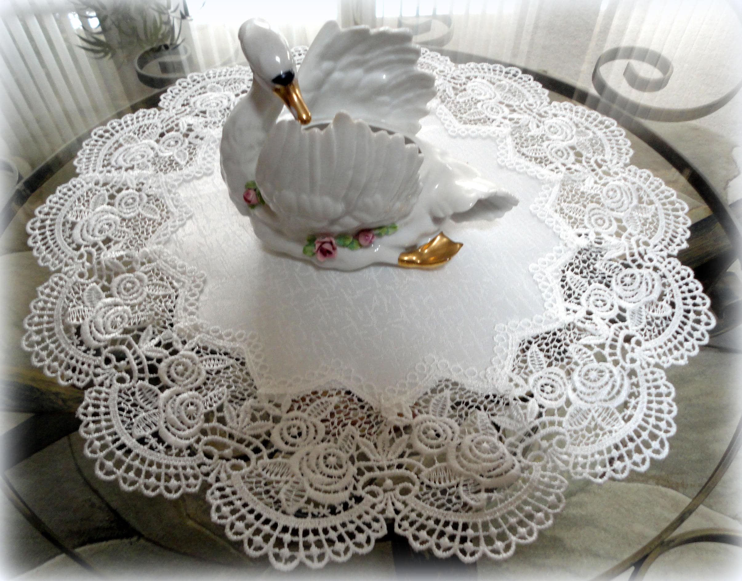 Classic Rose Lace Doily European Round 16" Table Topper Antique White 