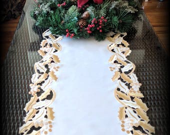 54" Embroidered Dresser Scarf GOLD MISTLETOE Christmas Doily Table Runner