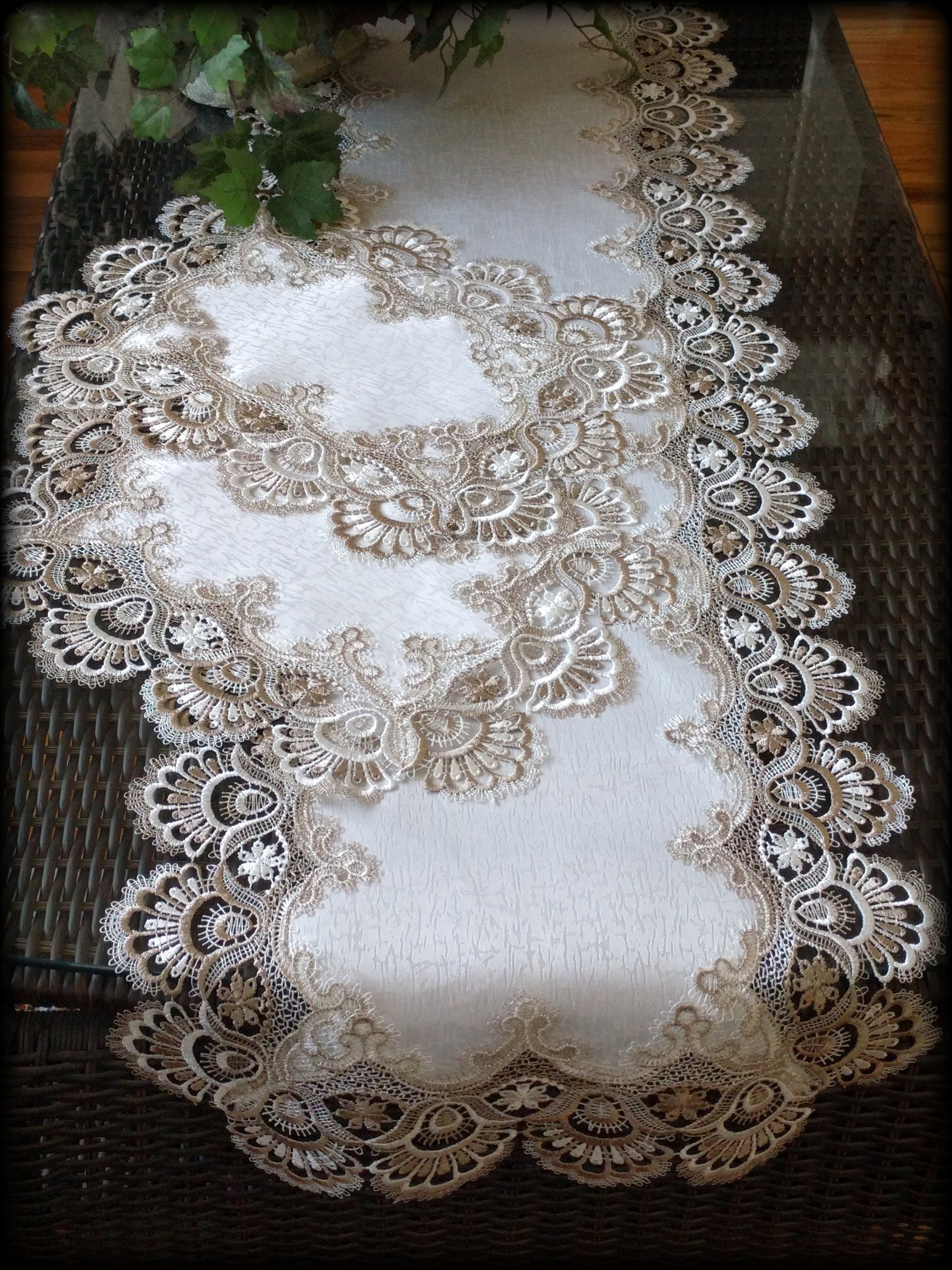 70 Inch Dresser Scarf Table Runner Plus 2 Doilies 3 Piece Set Etsy